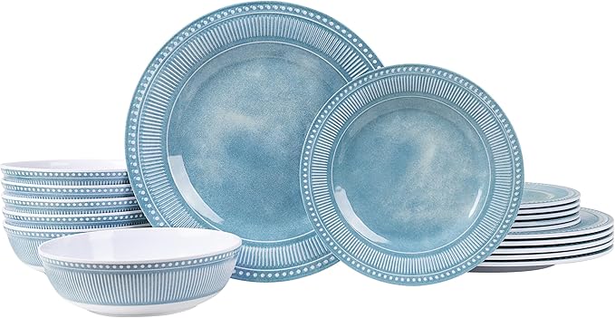 AELS Melamine Dinnerware Set of 18 Pcs Dinner Dishes Set for Indoor and Outdoor Use Melamine Plates and Bowls Set for 6 Dishwasher Safe Lightweight Unbreakable BPA Free Blue