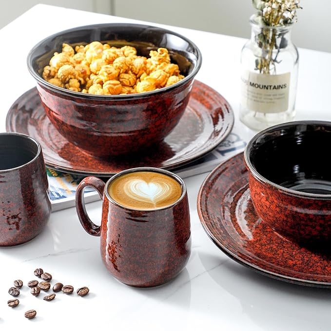Hasense Dinnerware Sets for 4 8 Piece Porcelain Plates and Coffee Mugs Marble Red Glaze Round Dish Set Modern Ceramic Dinnerware Set Dishwasher Microwave Safe