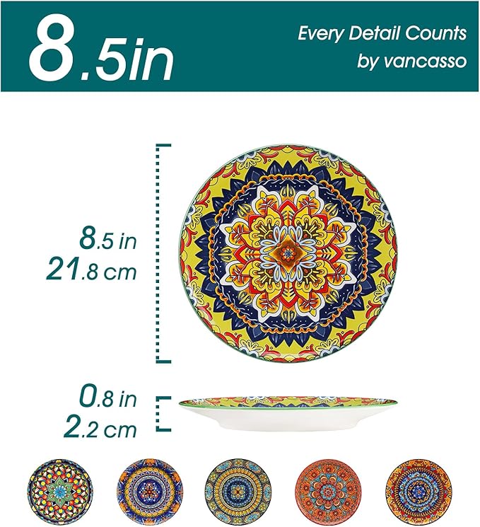 vancasso Colorful Dessert Plates Set of 6 8.5 Inch Ceramic Salad Plates Boho Small Dinner Plates Bohemian Printed Kitchen Plate for Breakfast Microwave &amp Dishwasher Safe Dishes Series KRVI
