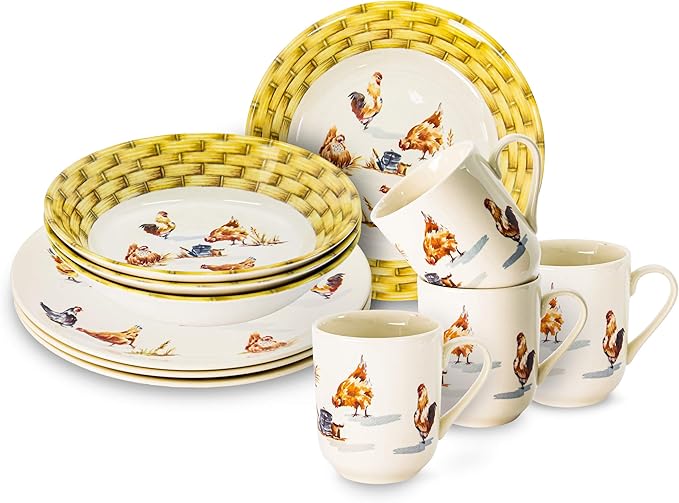 Tudor 16-Piece Premium Quality Round Porcelain Dinnerware Set Service for 4 - Country Farmyard See 10 Designs INSIDE!