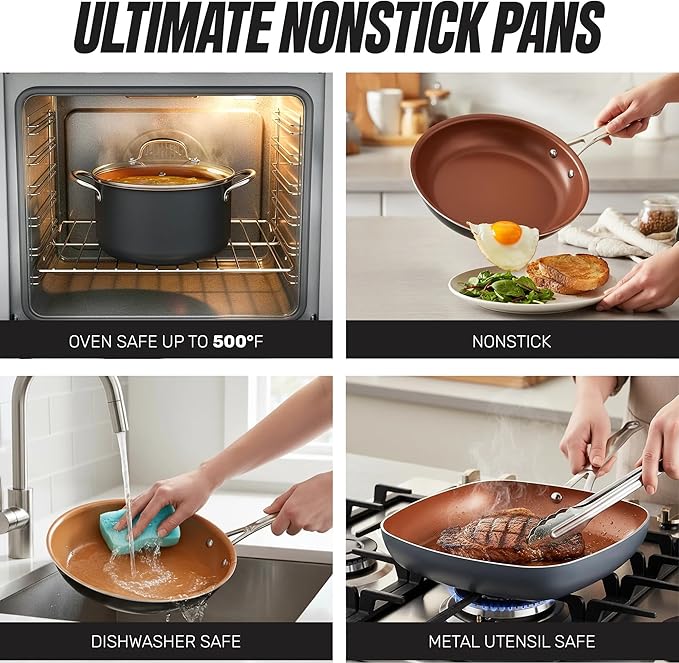 12-Piece Nonstick Ceramic Cookware Set – Pots &amp Pans Kitchen Set with Lids Oven-Safe All Cooktop Compatible Includes Frying Skillet Saucepan &amp Stockpot