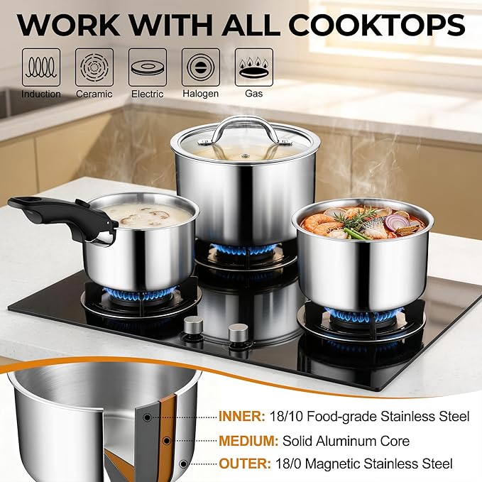 P&ampP CHEF Tri-Ply Stainless Steel Cookware Set of 3 with Removable Handle 9-Pieces Pots and Pans Set Induction 2Qt Saucepan 3Qt Small Pot &amp 4Qt Cooking Pot Oven &amp RV Safe to 500℉ Dishw