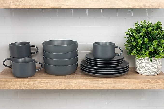 10 Strawberry Street Wazee Matte Coupe Dinnerware Set 16 pc Charcoal Gray