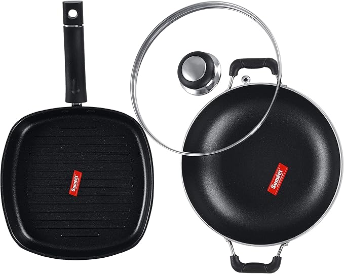 SUMEET Aluminium NonStick Argento Cookware Set (Silver Kadhai with Glass Lid -2Ltr - 22 Cm Grill Pan-22cm Dia)