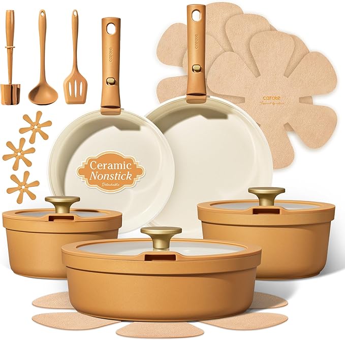 Carote 20pcs Ceramic Cookware Set with Detachable Handles Pots and Pans Set Non Stick RV Kitchen Cooking Pot and Pan Dishwasher Safe Non-toxic Induction Cookware PFAS and PFOA FreeOrange