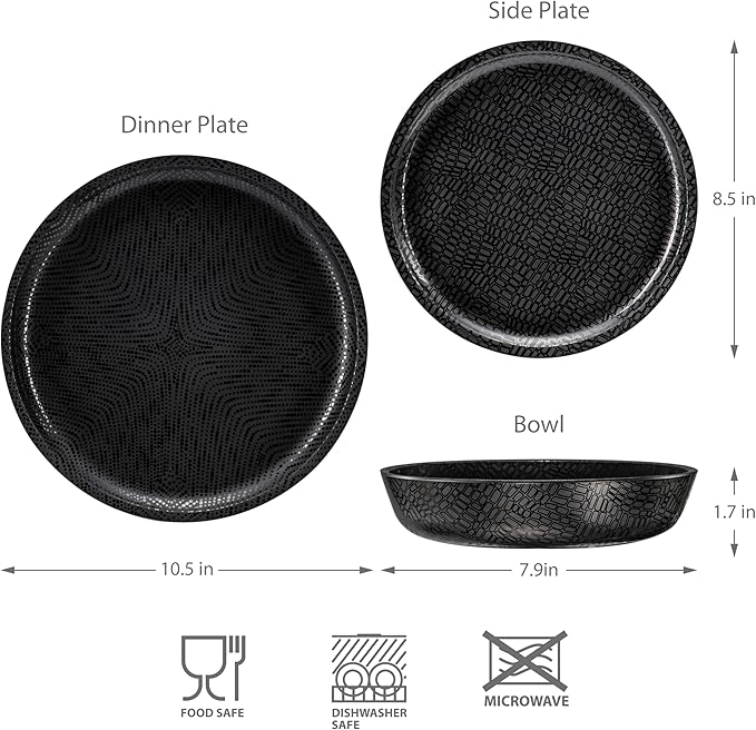 bzyoo 12 Piece Melamine Dinnerware Set - Durable Dishwasher Safe Black Plates and Bowls - Casual Dining Parties Camping Dish Set Mono Black Collection