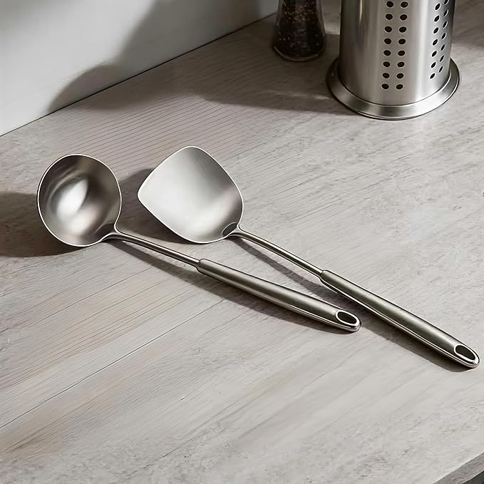 18/10 Stainless Steel Cooking Utensils Set 3 PCS Long Large Metal Cooking Utensil Tools Set Mirror Polished Kitchen Gadget Cookware and Kitchen Tool Set Dishwasher Safe