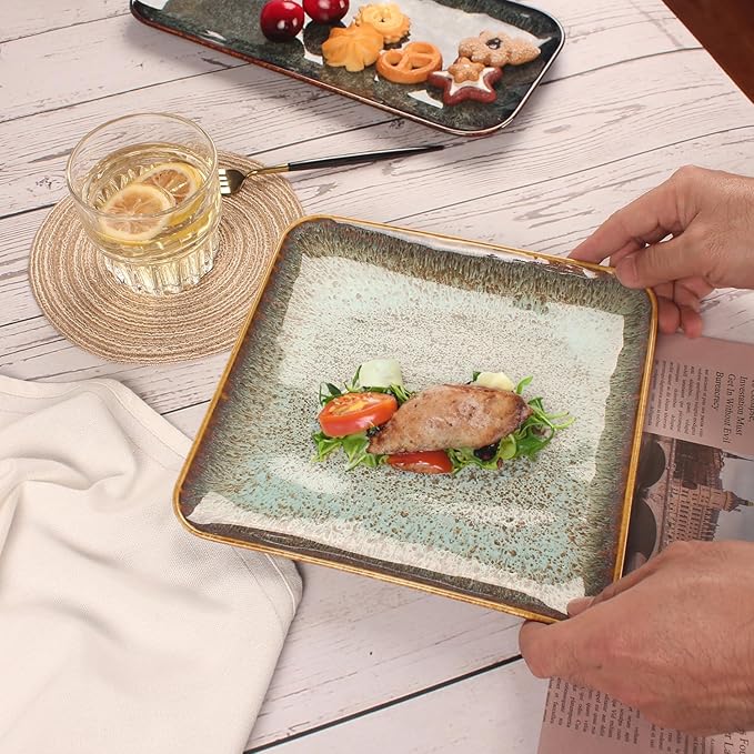 Ceramic Dinner Plates Dish SetSet of 4for Lunch snacks -Microwave Oven &amp Dishwasher SafeScratch ResistantDinnerware Kitchen Porcelain Serving Dishes9 inch Square