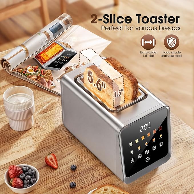 Touch Screen Toaster 2 Slice Stainless Steel Smart Digital Toasters with Single Slot Toasting Memory Function 5 Bread Types &amp 6 Shade Settings1.5 Wide Slot 900W