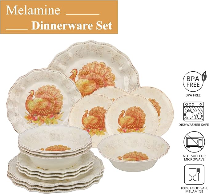UPware 16 Piece Glitter Turkey Melamine Dinnerware Sets Outdoor Dishes Set Plates and Bowls Sets Autumn Thanksgiving Decorations Service for 4 Orange