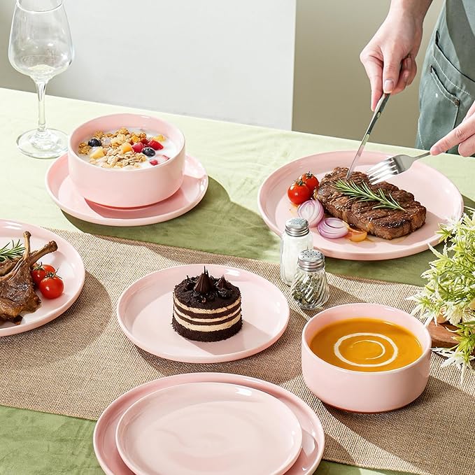 Plates and Bowls Sets 12 Piece Ceramic Dinnerware Set for Family and GatheringsDishes Set for 4Dishwasher &amp Microwave Safe Handcrafted Dishware SetsElegant Pink