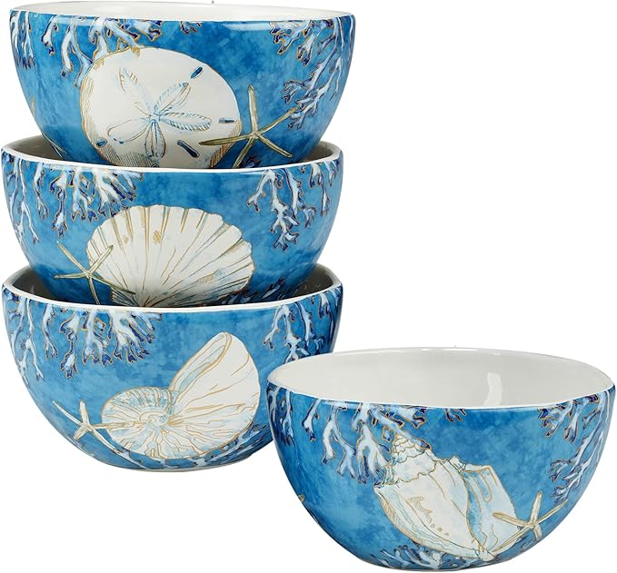 Playa Shells 16-Piece Coastal Dinnerware Set Service for 4 – Ceramic Plates Bowls &amp Mugs with Beach Shell Art – Great for Everyday Dining Entertaining Beach House or Nautical Décor