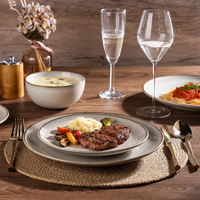 AmorArc Stoneware Dinnerware Sets for 6 18 Pieces Handpainted Ceramic Plates and Bowls Set Scratch Resistant Dishes Set Dishwasher &amp Microwave Safe Cappuccino