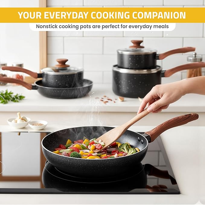 KICHLY Granite Kitchen Cookware Set 8 Piece Nonstick Pots &amp Pans Set Induction Frying Pans Saucepan with Lids Induction Compatible Cookware PFOA-Free Non-Stick Cooking Set Black