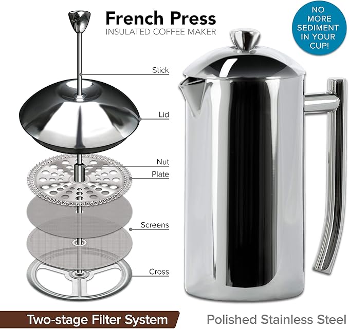 Frieling Double-Walled Stainless-Steel French Press Coffee Maker Brushed 44 Ounces Plus 18/10 Stainless Steel Coffee Scoop/Stirrer 2 TBLS