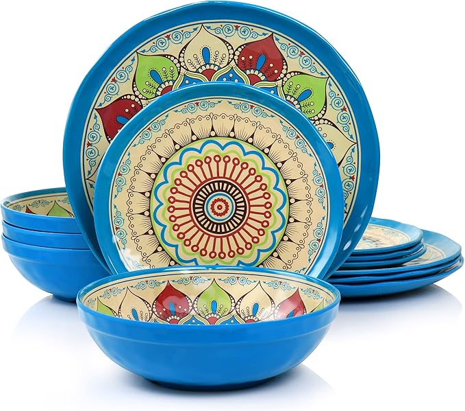 Elama Camilla 12 Piece Melamine Dinnerware Set Multi Colored