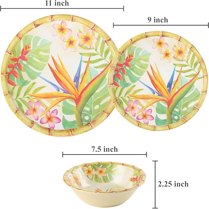 UPware 12 Piece Bird of Paradise Melamine Dinnerware Sets Outdoor Dishes Set Plates and Bowls Sets Service for 4 Multicolor