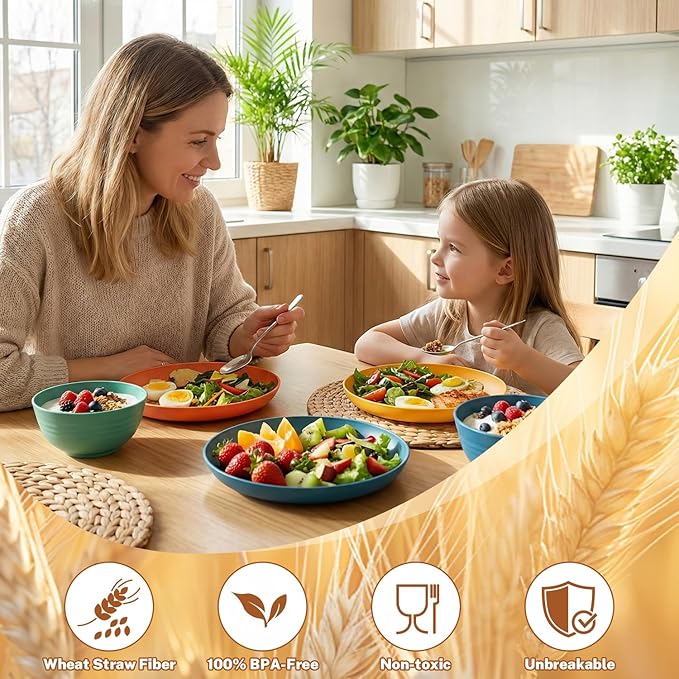 Wheat Straw Dinnerware Sets for 8 Unbreakable Plates and Bowls Sets for 8 32-Piece Dishes Set Microwave Safe Plastic Plates Reusable Cups and Bowls Sets for Kitchen Outdoor - Multi