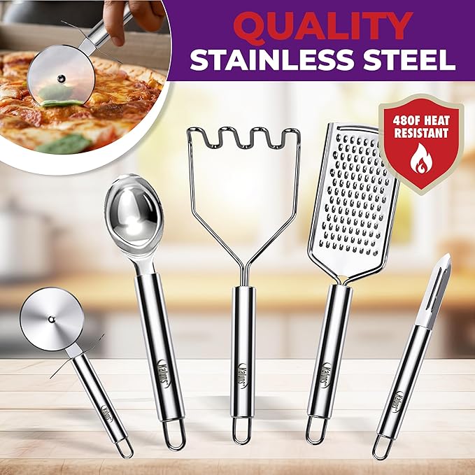 Kaluns 50 PCS Silicone Kitchen Utensils Set Complete Kitchen Set - 800°F Heat Resistant Non-Stick Premium Cooking Utensils W Wooden Handles - Can Opener Masher Turner Silicone Spatula Set