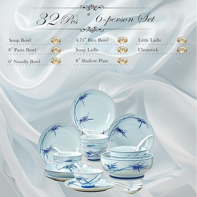 Fine Bone China Dinnerware Set Porcelain &ampCeramic Dinnerware SetsBone Stoneware &amp Ceramic Cookware Tableware Set Includes Dinner Plates|Spoons|Pasta Bowls|Soup Pot|Chopsticks (32 PCS)
