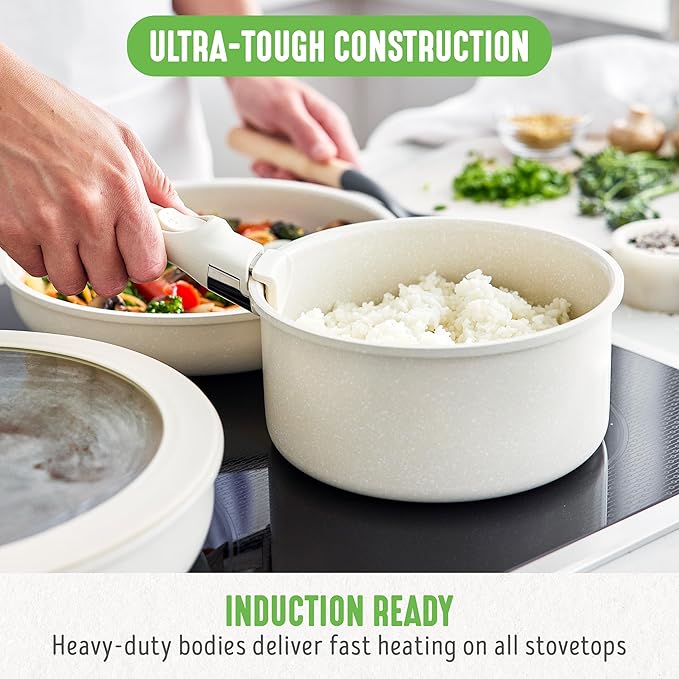 GreenLife 10 Piece Nonstick Pots &amp Pans Set Detachable Handle &amp Stackable Cookware Set Non Toxic PFAS-Free Skillets Induction Kitchen Pans Space Saving Serving Bowls Oven Safe Speckled