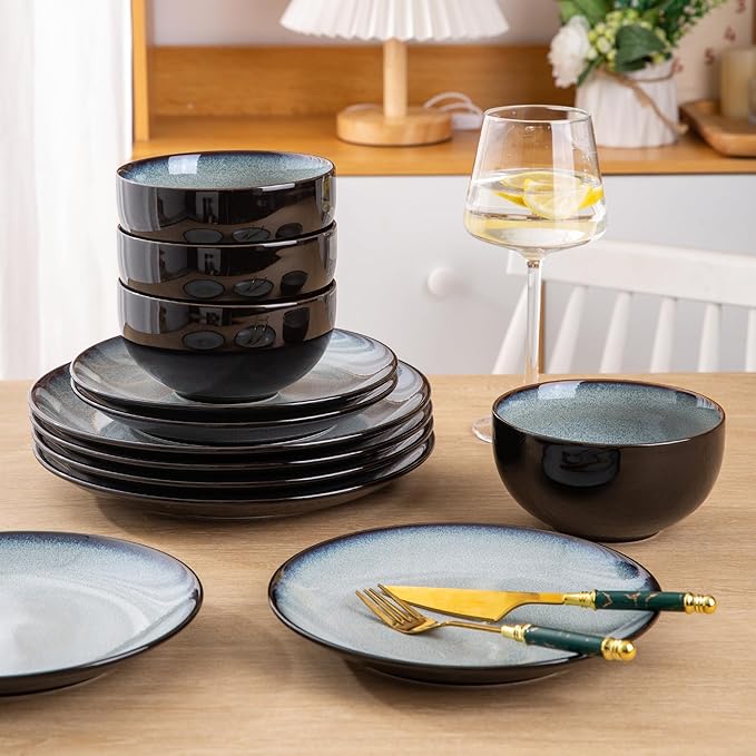 LERATIO Ceramic Dinnerware Sets for 12 36 Pieces Plates and Bowls Sets Dishwasher&ampMicrowave Safe&ampOven Safe-Service for 12-36pcs-Dreamy Moonlight-Gray White