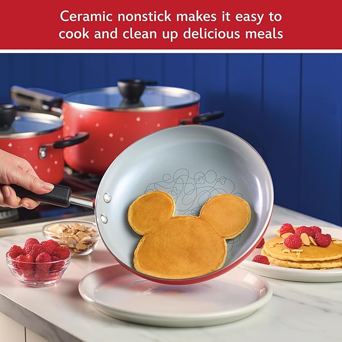 Farberware Disney Bon Voyage Ceramic Nonstick Pots and Pans Set with Baking Sheet/Cookie Pan and Disney Home Kitchen Tools 8 Piece Non Stick Cookware Set - Red