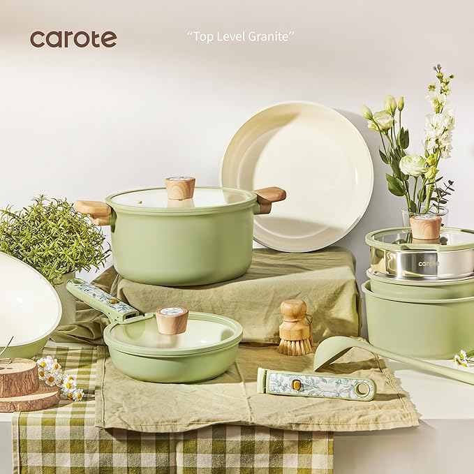 CAROTE 25-Piece Ceramic Cookware Set Nonstick Pots and Pans Set with Detachable Handle Non-Toxic Kitchen Cooking Set Dishwasher &amp Oven Safe Induction Compatible PFAS Free Green