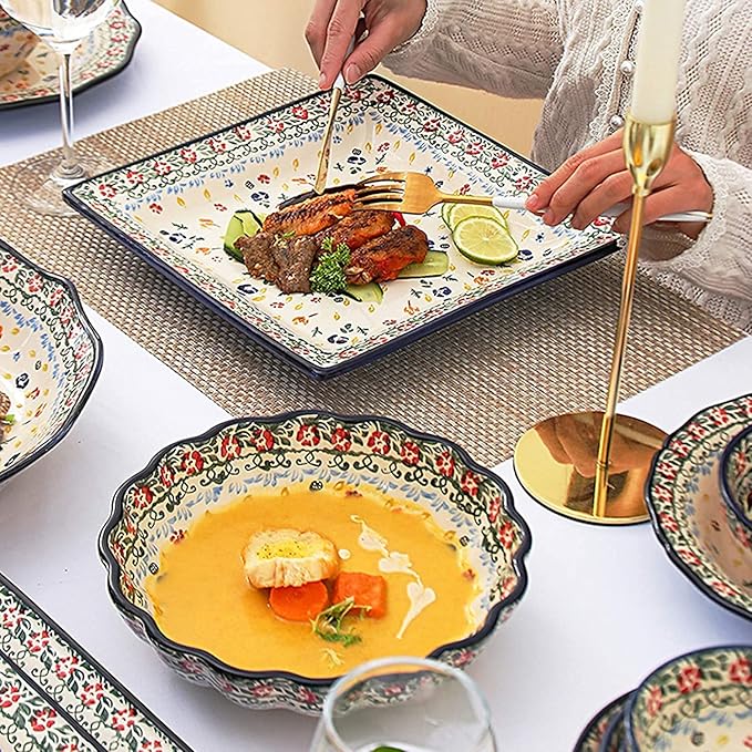 Dinnerware Sets - Luxury Gift Dishes Service Set Ceramics Dinnerware Set Bohemian Style Porcelain Dinner Sets of 34 | Folk-Custom Cereal Bowl and Steak Plate Set for Wedding Gift(D)