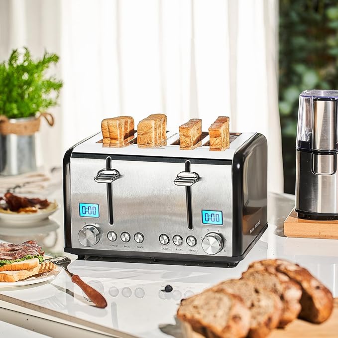 Roter Mond Countdown Stainless Steel 4 Slice Toaster with Bagel Defrost Cancel Function Dual Toaster Extra Wide Slots 6 Shade Settings Removable Crumb Trays 1650W Black