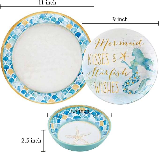 UPware 12 Piece Mermaid Melamine Dinnerware Sets Outdoor Dishes Set Plates and Bowls Sets Service for 4 Blue