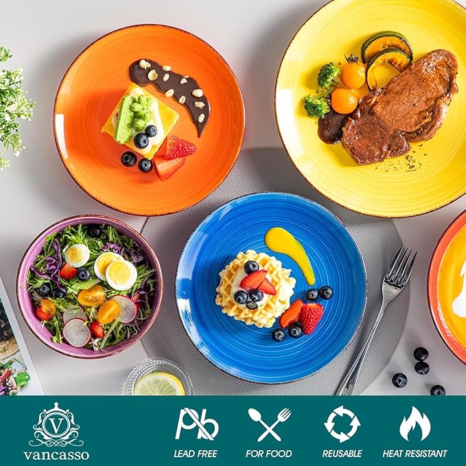 vancasso Bonita Dinnerware Sets 24 Pieces Multicolor Stoneware Dinner Set for 6 Handpainted Spirals Pattern Ceramic Plates and Bowls Sets Kitchen Plate Set
