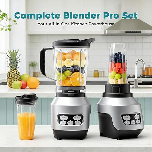 NEWBULIG Smoothie Blender with 6 Blades Countertop Blenders with 24 34 60 oz BPA-Free Cups Large Capacity Portable and Easy Clean for Kitchen Ice Crush Shakes Sauces Juice Silver