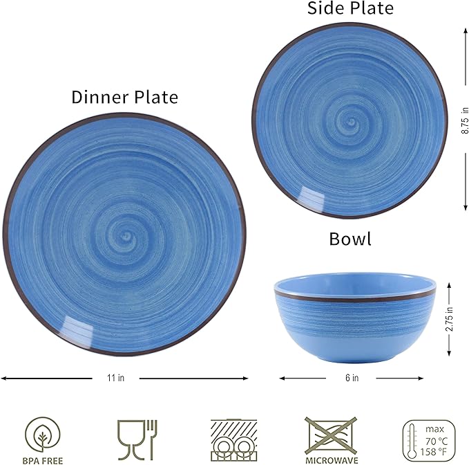 Melamine Dinnerware Set Plates And Bowls Sets for 4 12PCS Blue Color Dinnerware Sets Unbreakable Dinnerware Dishwasher Safe BPA Free(Blue)