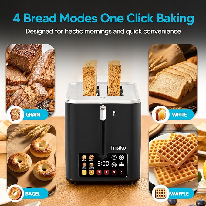 Trisiko® Touch Screen Toaster 2 SliceSmart Toaster with Digital Timer 1.38 Extra-Wide Slots for Bread&amp Bagelwith Reheat Defrost Cancel +15s Boost Great for Home Office Dorm (Black)