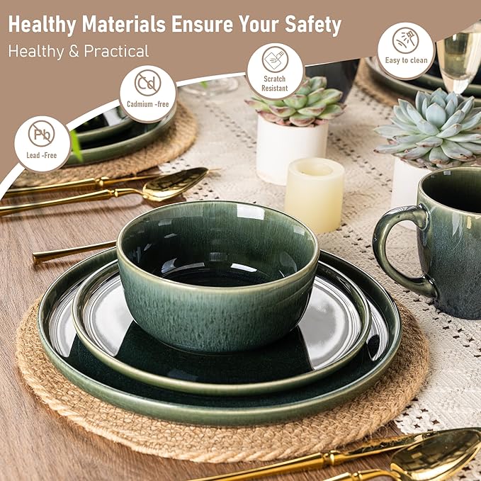 GBHOME Ceramic Dinnerware Sets for 8 24 Pieces Stoneware Plates and Bowls Sets Reactive Glaze Dishes -Scratch Resistant Dishwasher&ampMicrowave Safe Earth Green