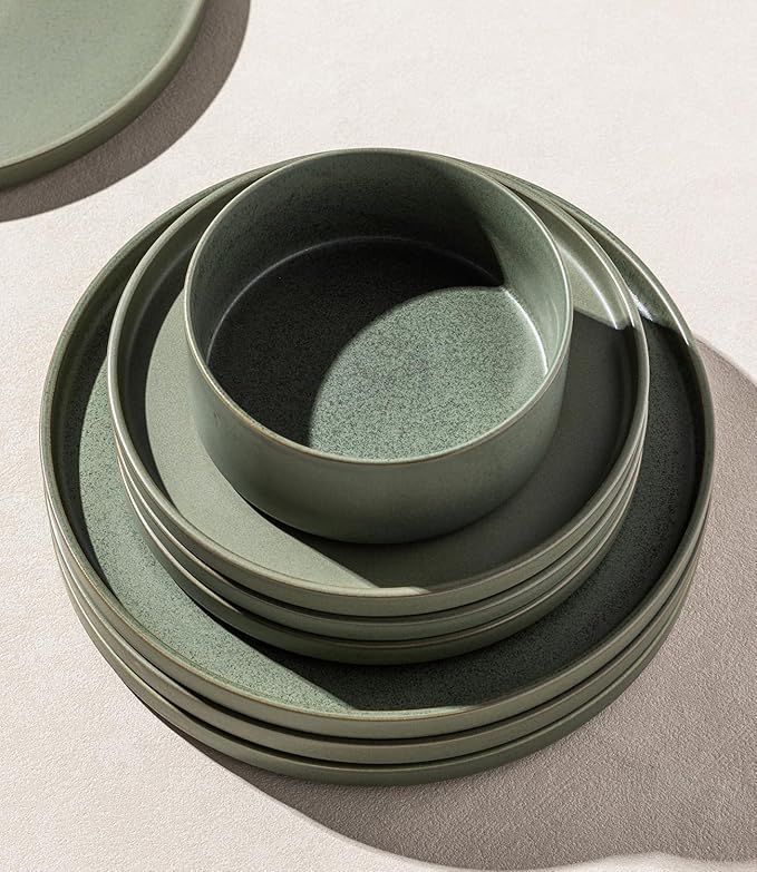 LERATIO Ceramic Dinnerware Sets for 4 High Edge Stoneware Plates and Bowls Set Chip and Crack Resistant | Oven &amp Dishwasher &amp Microwave Safe Dishes Set Service for 4 -Green