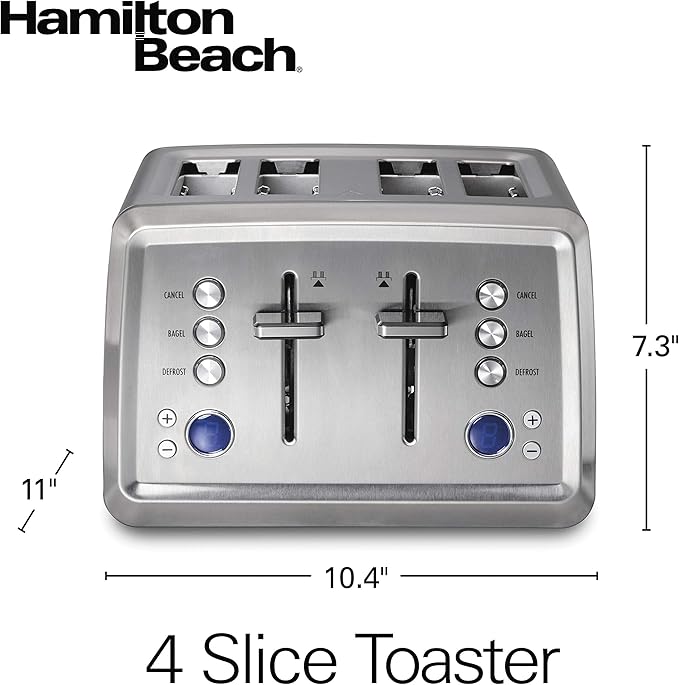 Hamilton Beach 4 Slice Toaster with Extra-Wide Slots Bagel Setting Toast Boost Slide-Out Crumb Tray Auto-Shutoff &amp Cancel Button Digital with Defrost Function Stainless Steel (24796)