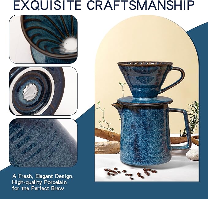 Topadorn Pour Over Coffee Maker Set 13 Oz Ceramic Coffee Maker &amp Pour Over Coffee Dripper Reusable Drip Coffee Maker for Café Restaurant Home Camping Blue
