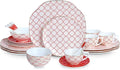 24-Piece Ceramic Porcelain Dinnerware Set for 4: Premium Bone China - Red Checkered Handcrafted Plates &amp Bowls | Heavy Duty Chip &amp Scratch Resistant | Gourmet Oven &amp Dishwasher Safe