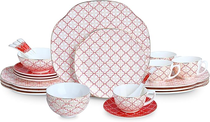 24 Piece Red Poreclain Dinnerware SetBone china Set for 4Ceramic Plates and Bowls Sets With checkered cross patternHighly Chip and Crack Resistant | Oven &amp Dishwasher (Red + Checkered Cross)