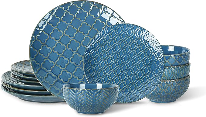 Sureasy 12-Piece Ceramic Dinnerware Set for 4 - Embossed Plates and Bowls Sets Scratch Resistant Dish Set Microwave Oven &amp Dishwasher Safe Blue