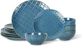 Sureasy 12-Piece Ceramic Dinnerware Set for 4 - Embossed Plates and Bowls Sets Scratch Resistant Dish Set Microwave Oven &amp Dishwasher Safe Blue