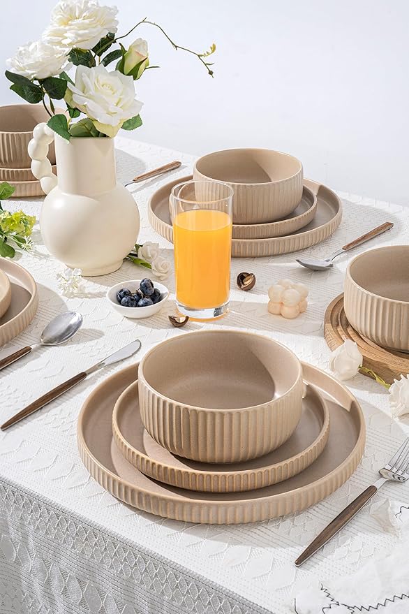 Natural Stoneware Dish Set18 Piece Plates and Bowls Sets in Warm Beige – Dinnerware for 6 for Warmhearted Homes &amp Everyday Harmony
