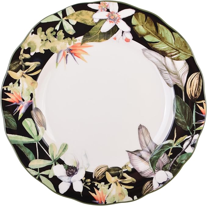 222 Fifth 12-Piece Porcelain Dinnerware Set for 4 Black &amp White Plates and Bowls Set with Tropical Floral Design Glossy Ceramic Dish Set Kitchen Tableware Microwave &amp Dishwasher Safe Born