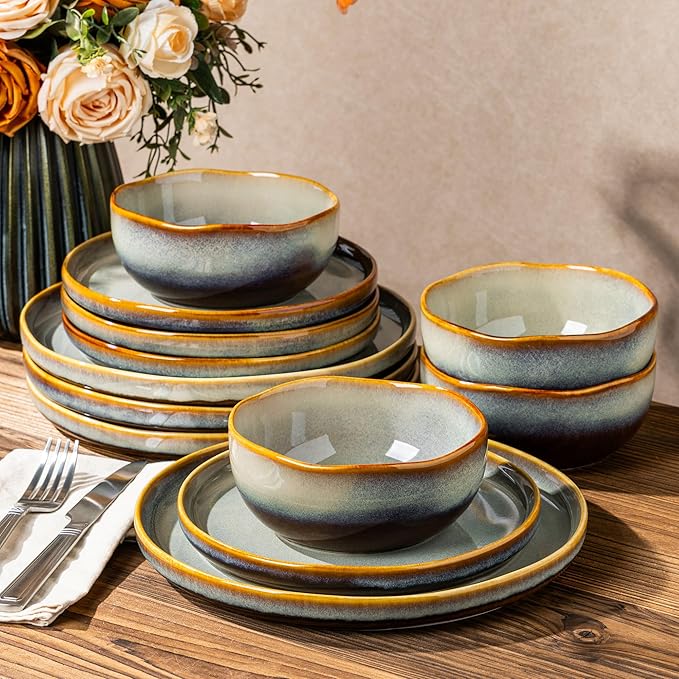 TheTerra Ceramic Dinnerware Sets for 4 12 Pieces Handmade Reactive Glaze Plates and Bowls Sets Scratch Resistant Dish Set Oven &amp Microwave &amp Dishwasher Safe Brown Blue