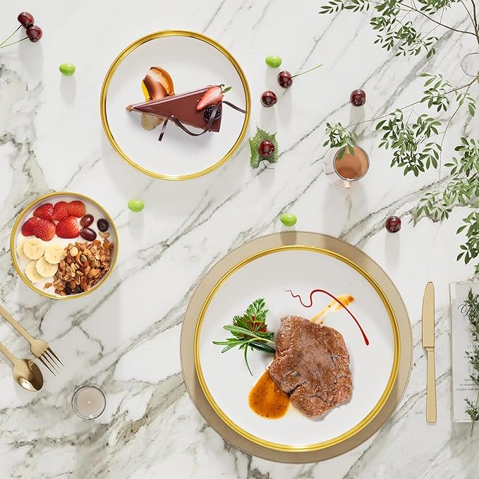 12-Piece Porcelain Dinnerware Set for 4 Kitchen Plates and Bowls Sets Handmade Ceramic Dish Set with Gold Rim White Non-Microwave &amp Non-Oven Safe