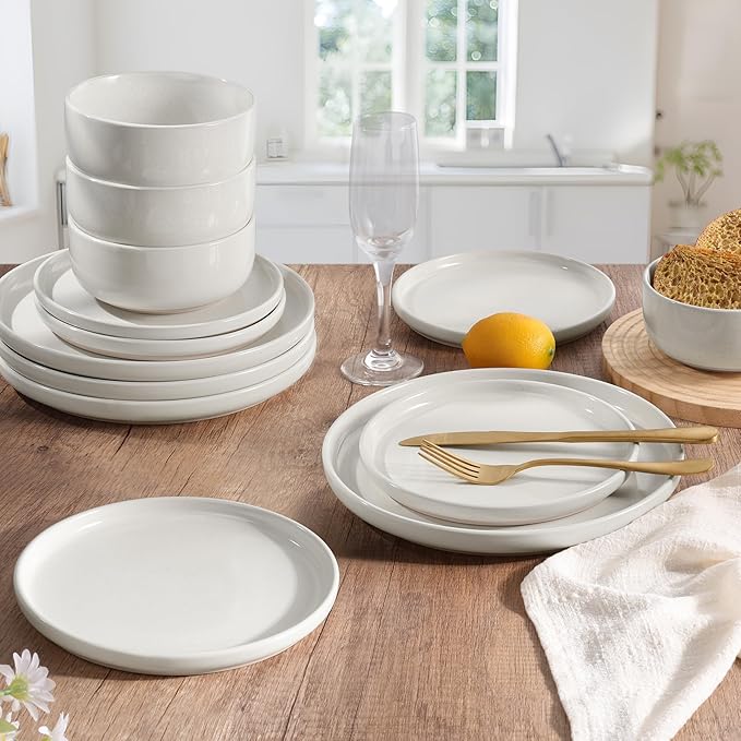 HaWare Stoneware Dinnerware Sets 12-Piece Plates and Bowls Set for 4 Dishes Set for Home Restaurant Speckled Milky White