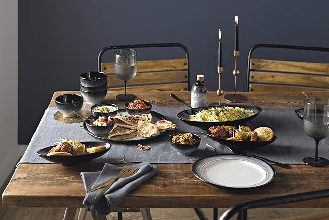 Denby - Halo Dinner Set for 4-16 Piece Tableware - Dishwasher Microwave Safe Stoneware Crockery - Reactive Glaze Black Grey Colour - Set of 4 Dinner Plates Small Plates Cereal Bowls Coffee Mugs