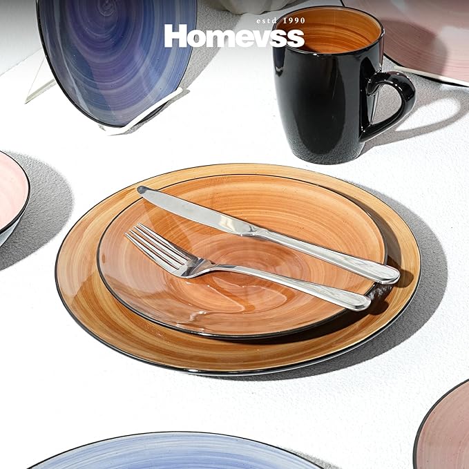 Sonoma 16pc Stoneware Dinnerware Set Outside Black + Inside Hand Painting Combi Colors of Cobalt Mocha Rose and Spice with Speckle